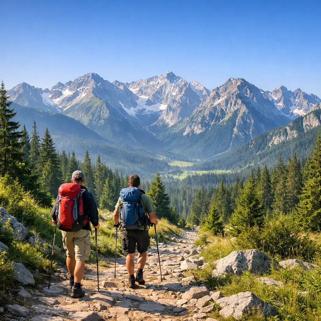 Górski krajobraz wokół restauracji Jackpotlodge w Zakopanem, szlak przez las i Tatry w porannym świetle