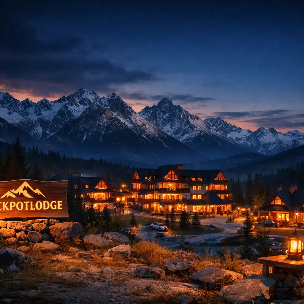 Panoramiczny widok na restaurację Jackpotlodge o zmierzchu, z ciepłymi światłami okien na tle szczytów Tatr