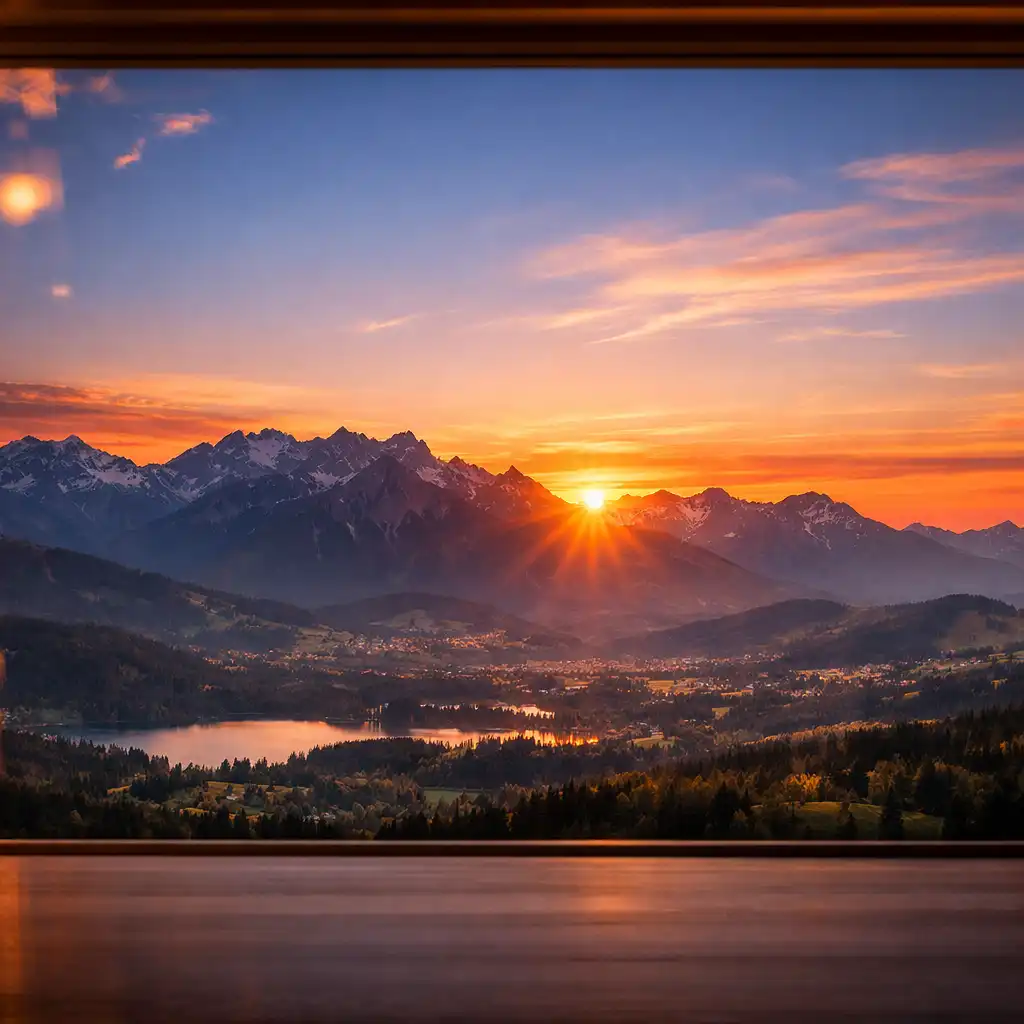 Panoramiczny widok na Tatry z okna restauracji o zachodzie słońca