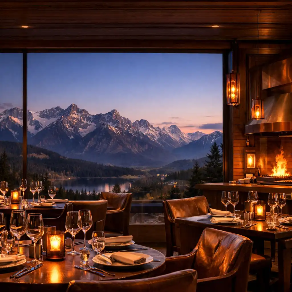 Wnętrze panoramicznej restauracji Jackpotlodge z widokiem na Tatry o zmierzchu