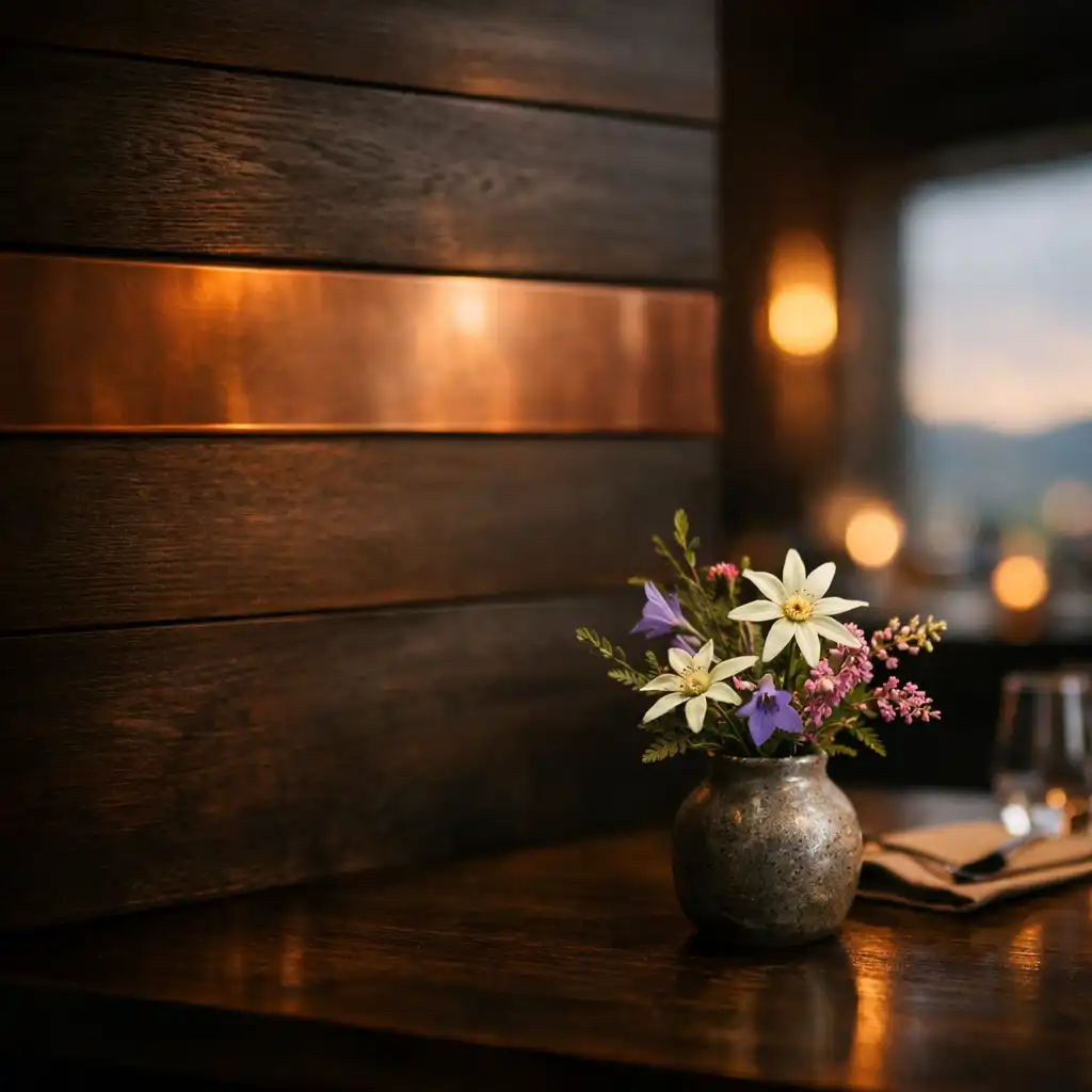 Detal wnętrza restauracji z miedzianymi akcentami i wędzonym drewnem
