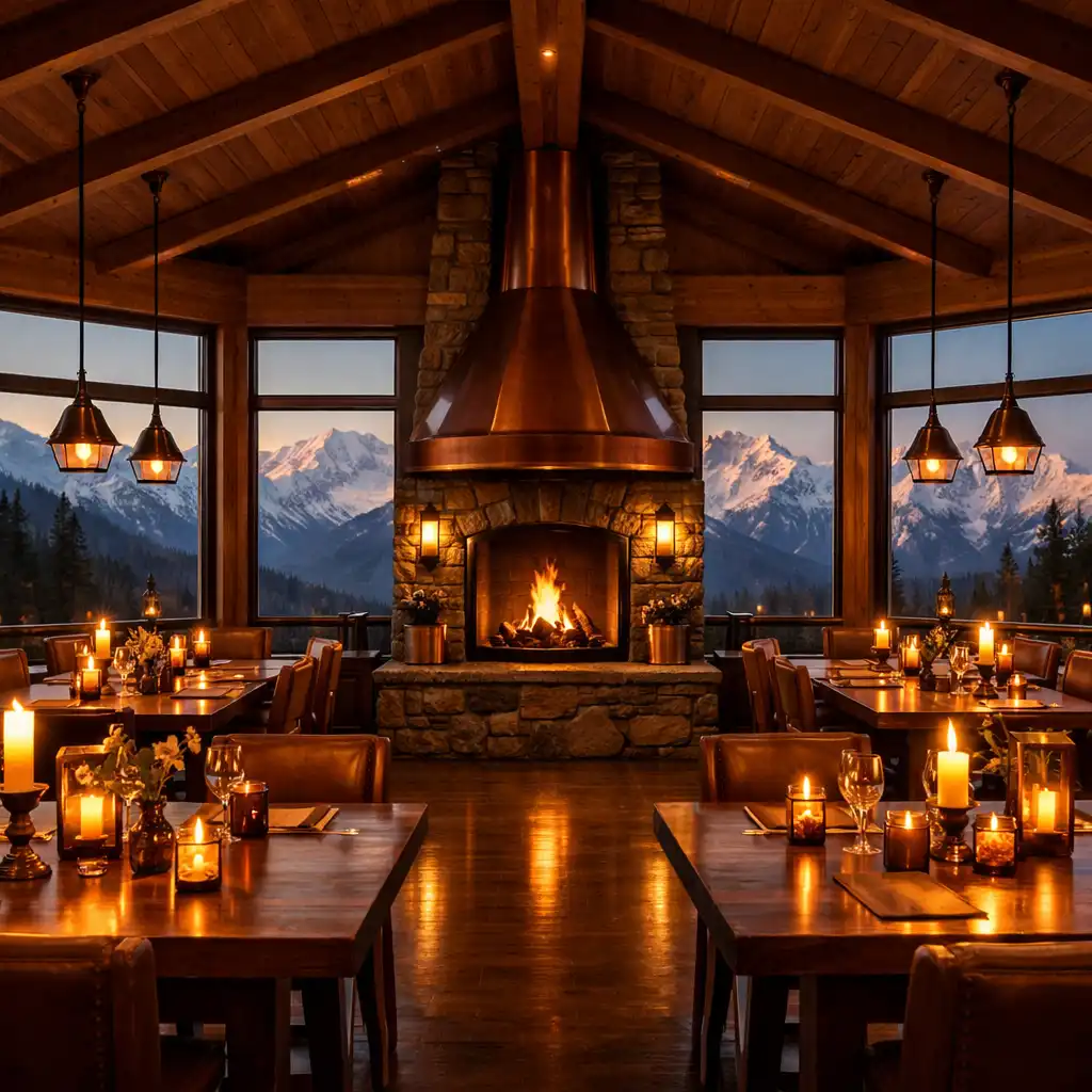 Sala restauracyjna Jackpotlodge z drewnianymi stołami, kominkiem i panoramicznymi oknami na Tatry