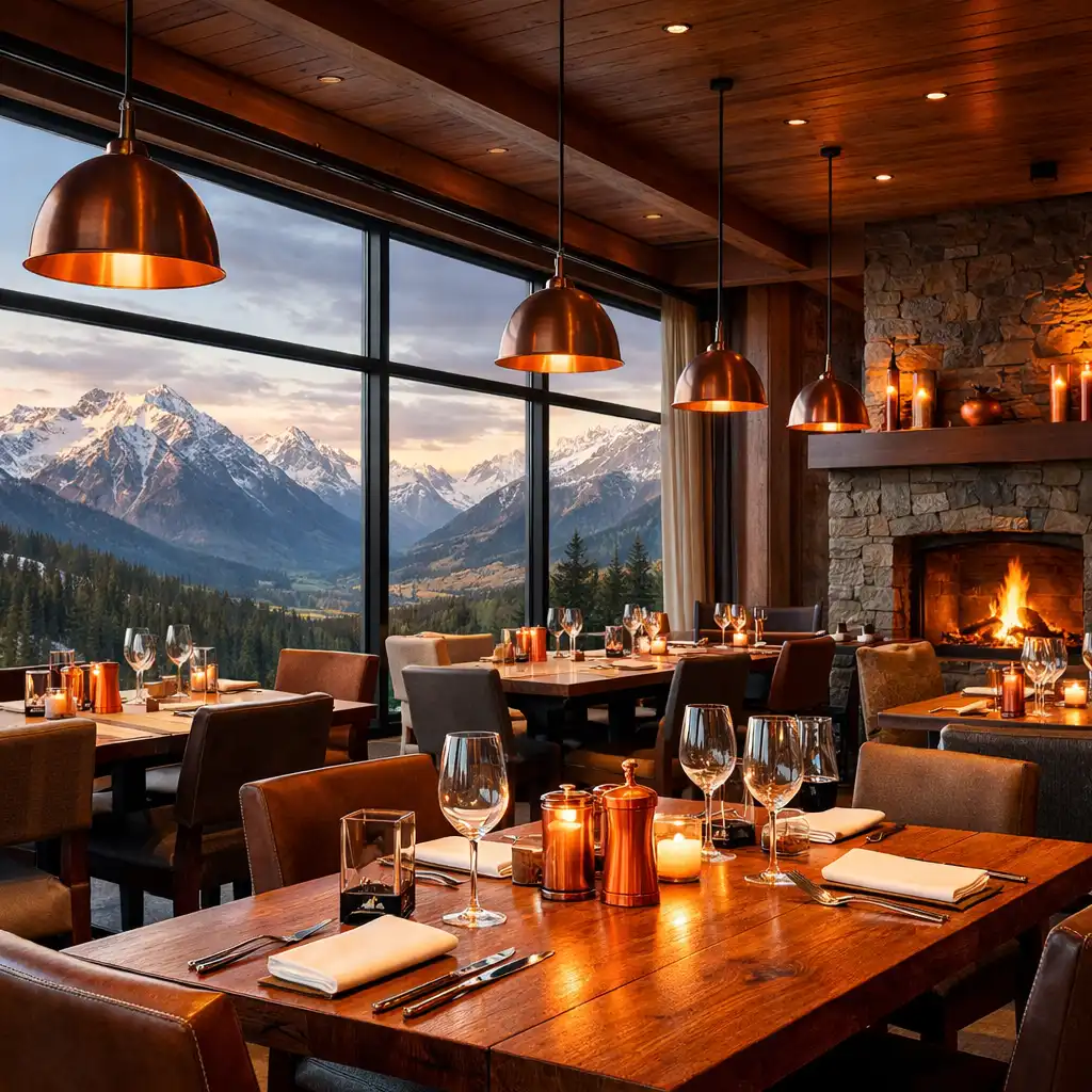 Wnętrze eleganckiej restauracji z panoramicznymi oknami, drewnianymi stołami i miedzianymi akcentami