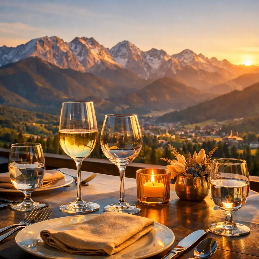Nakryty stół restauracyjny z kieliszkami i widokiem na Tatry o zachodzie słońca